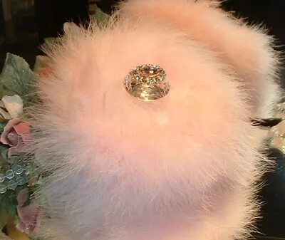 Pink Dusting Body Powder Puff Feather Down Trim Rhinestone Hollywood Glam Vanity • $34.95