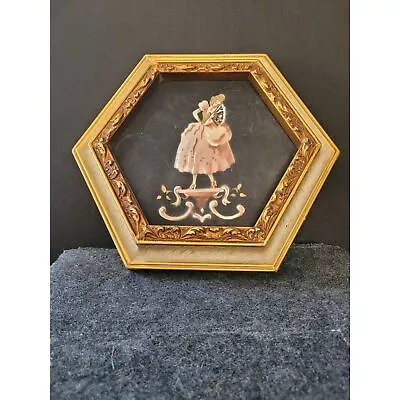 Vintage Set Of Two Pastel Paintings Framed In Hexagon Chalkware Wood Frames • $138.99