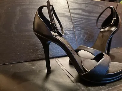 ZARA BASIC COLLECTION BLACK LEATHER SANDALS HIGH HEEL WITH ANKLE STRAP Size 5 UK • £28.19