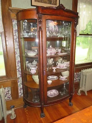 Antique Oak Curved Glass China Cabinet 4 Shelves Solid Oak Carvings 43  X 65  • $250