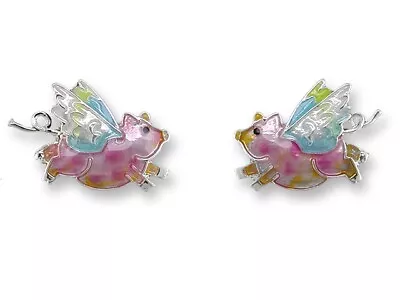 Flying Pig Stud Earrings Sterling Silver Plated Enamel Zarlite By Zarah • $26.99