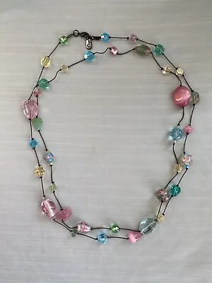 Signed DABBY REID Pink Blue Yellow Faceted Crystals Long Necklace 44” • $39.99