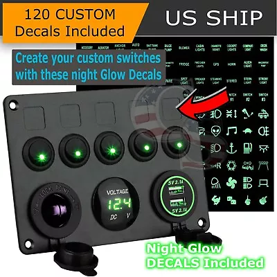 $26.95 • Buy Car/Marine/Boat 5-Gang Waterproof Circuit Green LED Rocker Switch Panel Breaker