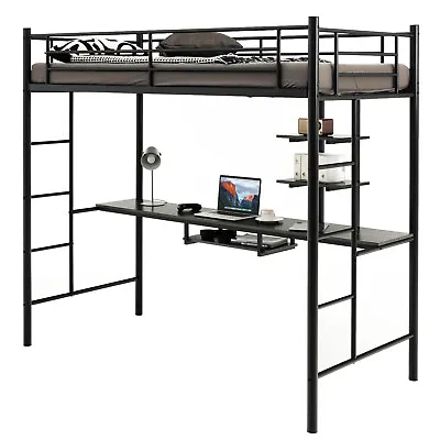 Metal Bunk Bed W/Desk Shelves And Safety Guardrail 2 Ladders Loft Bed Frame • £179.95