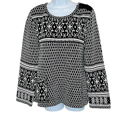 J Jill L Vintage Fair Isle Nordic Sweater Black White Button Shoulder Pocket • $26.58