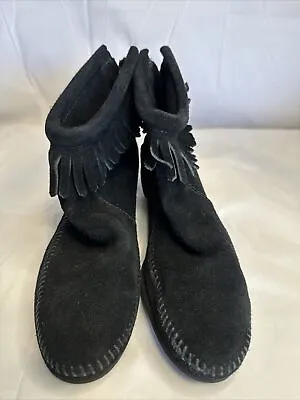Minnetonka Women's Black Suede Fringe Zip Up Moccasins Ankle Bootie Size 8.5 • £24.13