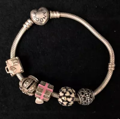 £23 • Buy Pandora 925 Bracelet Snake Chain Heart Clasp + X5 Charms Crown Gift 519206