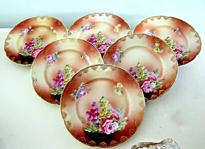 6 Vintage Hand Painted Flowers  Bread Dessert Plates Marked  • $29.45