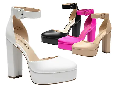 Women Pump Shoes Ankle Strap Round Toe Platform High Chunky Heel Pump Shoes • $28.79