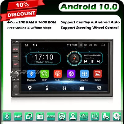 Android 10 Double Din Car Stereo GPS Sat Nav Bluetooth OBD2 DAB+ 4G WiFi CarPlay • £93.57