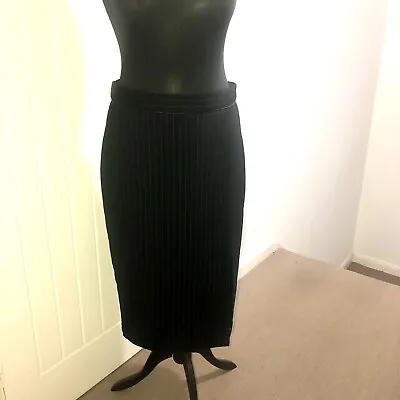 F&F Black Pinstripe Midi Skirt With Slit & Piping UK 12-14 *in Exc Cond* • $20.96