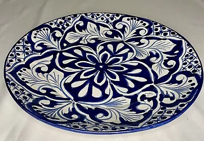 Mexican Handmade Handpainted Pottery 11 Inch Serving Dish Cobalt Blue And White • $12.79