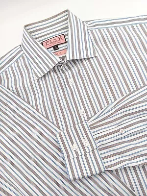 🇬🇧 Thomas Pink Slim Fit Button Up Dress Shirt 16x34 Brown Blue Stripe • $22.94