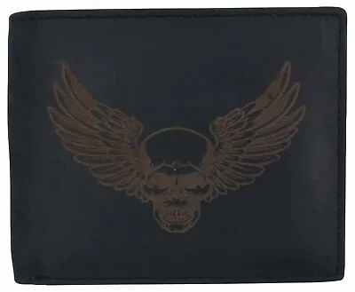 New Skull & Wings Printed Logo Mens RFID Bifold Genuine Leather Wallet • $17.99
