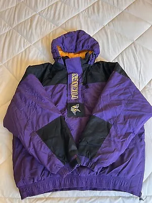 Vintage Minnesota Vikings  Starter  Jacket Detachable Hood Sz L Clean!! • $99