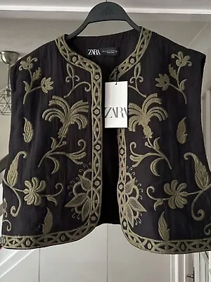 ZARA Black & Khaki Floral Embroidered Gilet Waistcoat Size XL Bloggers Festival • $56