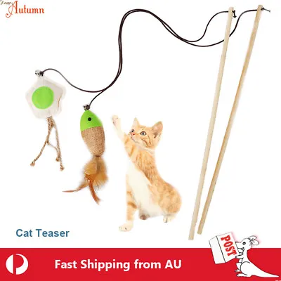 $6.49 • Buy Cat  Play Toy Feather Teaser Wand Interactive Stick Kitten Pet Fun Fish 