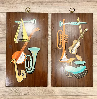 Vintage TRUART MCM Musical Instruments Wood Plaques 16  X 9  Wall Hangings • $85.50