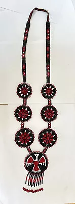 Vintage Beaded Multiple Medallion Native American Necklace Huge Red Black White • £20.08