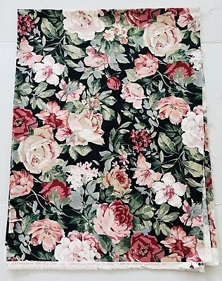 Vintage Atelier Original Fabric Pink And White Roses Floral On Black 1 Yard • $16