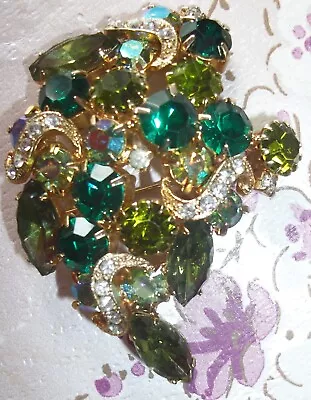 Vintage Eisenberg Rhinestone Brooch ~ Two Tone Green & Aurora Borealis ~unsigned • $45