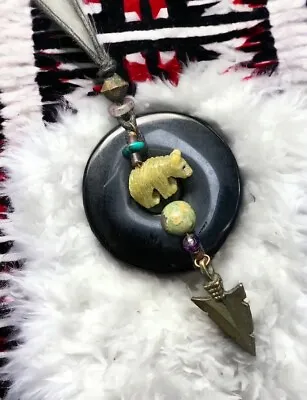 Men’s Talisman Fetish Bear Spirt Animal  Pendant Necklace 30” Onyx Turquoise Gem • $39.98