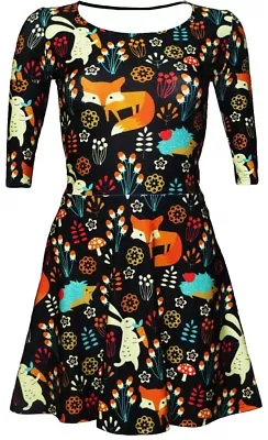 Floral Fox Rabbit Hedgehog Animal Nature Print 3/4 Sleeve Skater Flare Dress • £29.99