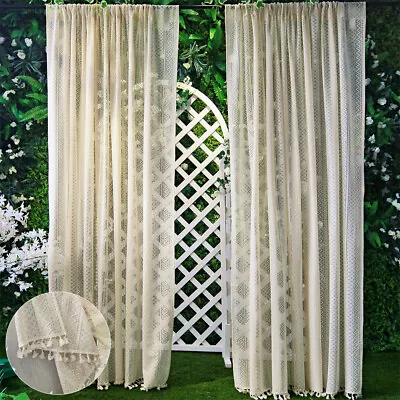 Lace Curtain Sheer Princess Tulle Drapes Tassel Wedding Backdrop Curtains Voile • £9.59