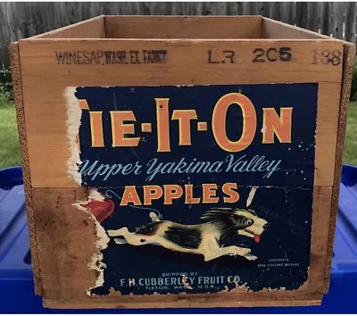 Vtg Wooden Fruit Crate*Box*USA*worn Paper Label*Tie-it-On Brand Apples • $20