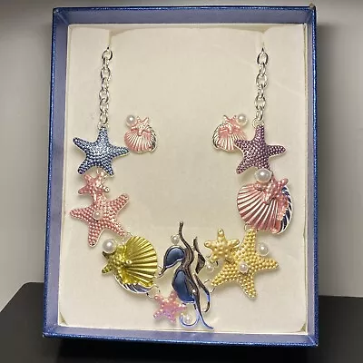 Sealife Necklace Earrings Set Enamel Silver Tone Starfish Seahorse Faux Pearl • $25