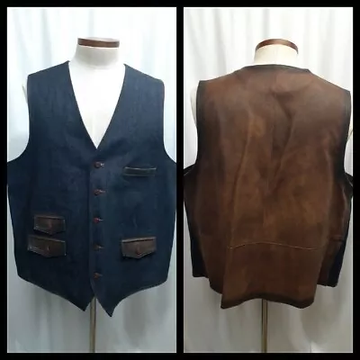 SCULLY - LEATHER DENIM COTTON BUTTON UP Mens 2XL XXL Western Vest BLUE BROWN • $79.95