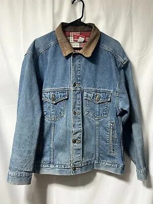 Vintage 1990s Marlboro Country Store Denim Trucker Jacket Leather Collar Sz L • $45