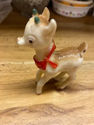 Vintage Christmas Reindeer Plastic Rudolph Red Bow 3 1/2 T • $6.95