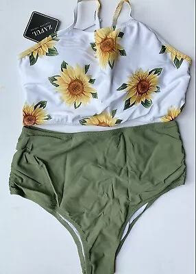 Zaful Sunflower Floral Top & Khaki Hi-Waist Bottoms Swimwear Bikini Set BNWT 10 • £15