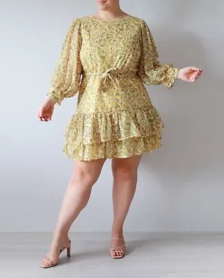 $59.99 • Buy ASOS CURVE Yellow Floral Sequin Mini Skater Dress Lace Up Back Tie Frill Plus 20