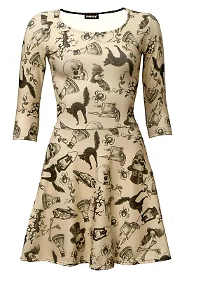 Steampunk Skulls Owl Bats Cats Spiders Vintage Halloween Skater Flare Dress • $37.32