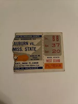 1959 Auburn Versus Mississippi State Tigers Football Ticket Stub • $9.99