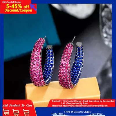 Black Gold Plated Rose Red Blue CZ Big Round Circle Hoop Earring For Women Party • $8.64