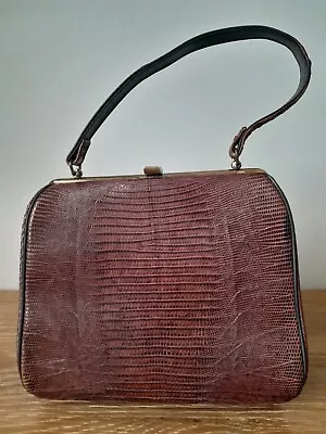 Vtg Genuine Lizard Leather 7  Handbag Sterling USA Brand Gold Tone Metal Clasp  • $40