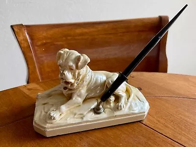 Vintage Chalkware House Of David Pearl Mastiff Dog Nib Fountain Pen Holder RARE • $45