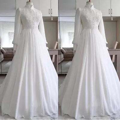 High Neck Muslim Wedding Dresses Chiffon Long Sleeves Lace Appliques Bridal Gown • $124.82