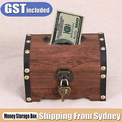 Wooden Treasure Chest Retro Money Storage Box Case Coin Piggy Bank Organizer AUS • $13.87