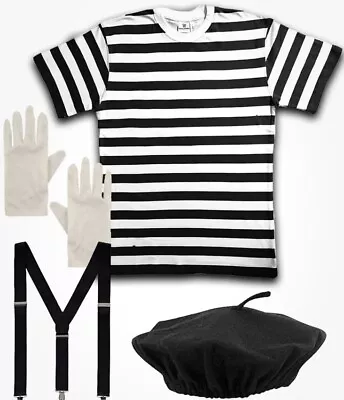 Children's French Mime Artist T Shirt Beret Braces Gloves Fancy Dress Costume • £6.50