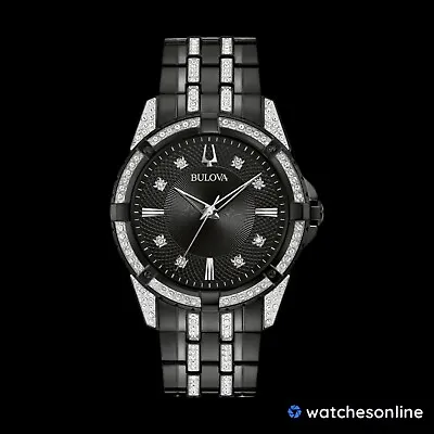 New Bulova Crystal Men's Quartz Cystals Stainless Steel Black Watch 42MM 98K109 • $375