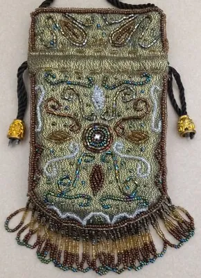 £19.86 • Buy  Vintage Bead Embroidered Crossbody 6  Bag/ Hobo  Purse Beaded Fringe Gold Green