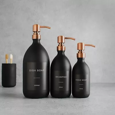 £12.99 • Buy Matte Black Glass Labelled Refillable Bottle With Metal Rose Gold Pump Dispenser