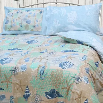 Coastal Bedding Curtain Fitted Sheet Nautical Driftwood Blue Beige Compass Shell • £26.99