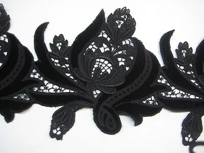 Black Velvet Embroidered Motifs Bt The Yard Made In Switzerland Vintage1980's  • $30