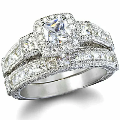 14K White Gold Wedding Set Princess Lab Diamond Bridal Rings Vintage Estate • $79.99