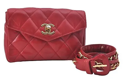 Authentic CHANEL Lamb Skin Matelasse CC Logo Chain Waist Body Bag Red K1815 • $0.99